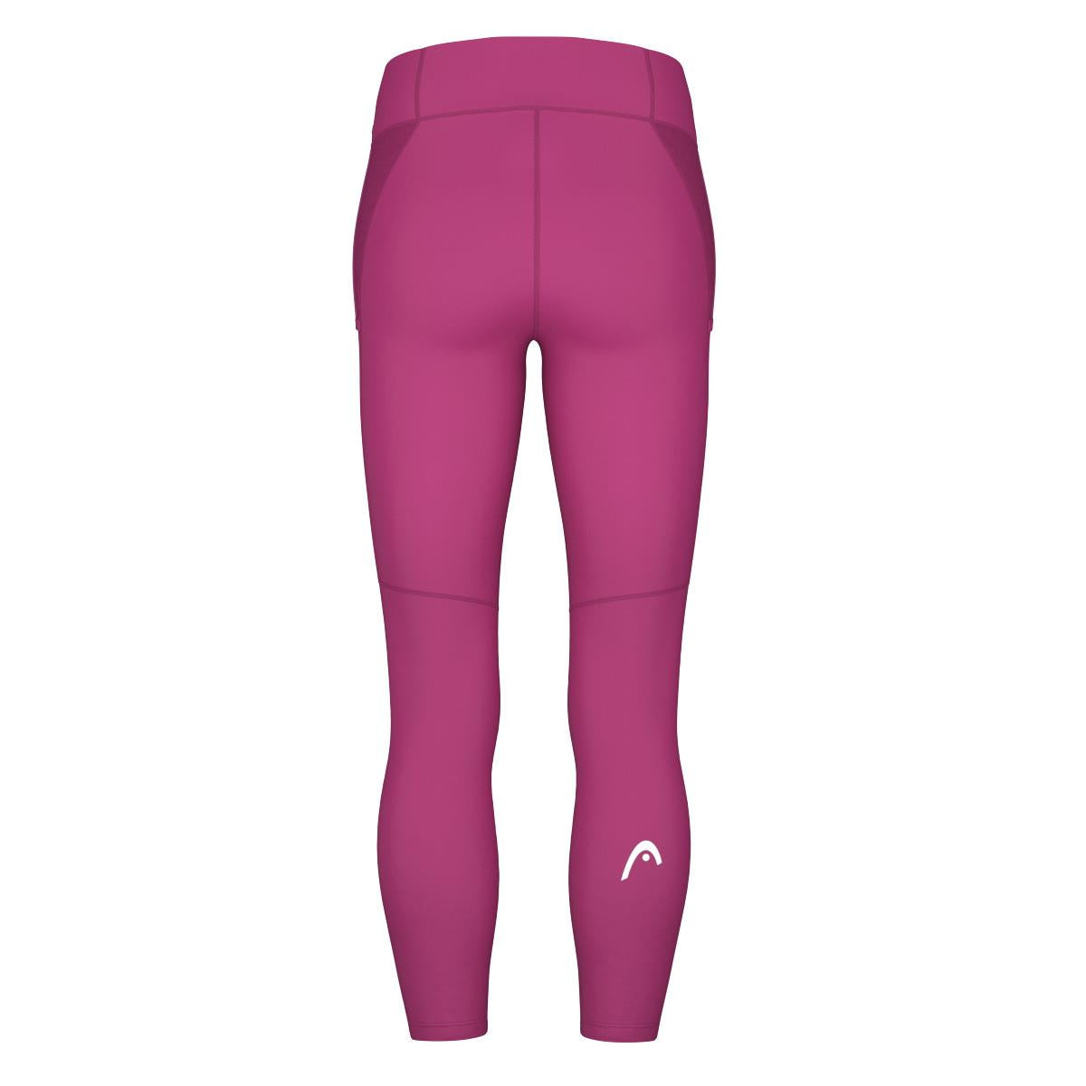 Back view of vivid pink athletic leggings, showcasing a sporty style with the HEAD Vision Womens Tech Padel Tights logo on the left calf. These leggings feature a high waistband and are displayed against a plain white background.