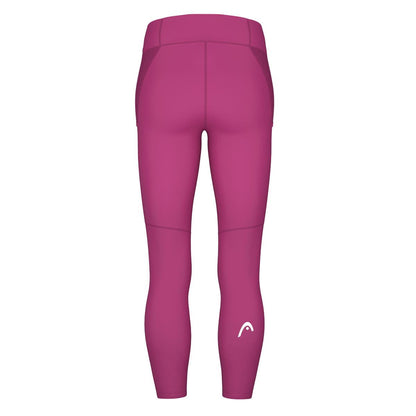 Back view of vivid pink athletic leggings, showcasing a sporty style with the HEAD Vision Womens Tech Padel Tights logo on the left calf. These leggings feature a high waistband and are displayed against a plain white background.