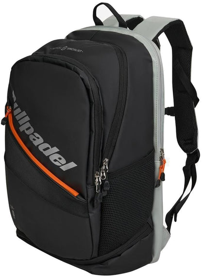 The Bullpadel BPM26001 Hack 2026 Padel Backpack in black features multiple zippered compartments, orange accent zipper, mesh side pockets, and padded shoulder straps—perfect for carrying your padel racket and gear.