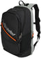 The Bullpadel BPM26001 Hack 2026 Padel Backpack in black features multiple zippered compartments, orange accent zipper, mesh side pockets, and padded shoulder straps—perfect for carrying your padel racket and gear.