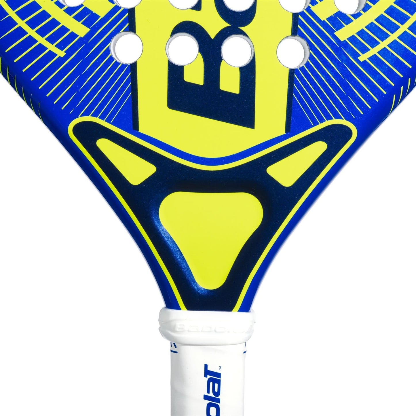 Close-up of the Babolat Alioth Mini Junior Padel Racket in blue and yellow, highlighting its perforated geometric design and part of the white handle featuring the Babolat logo.