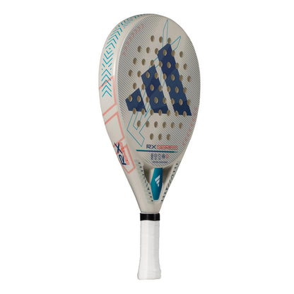 The ADIDAS RX Series Light 3.4 Padel Racket, ideal for intermediate players, sports a white and beige design with a large blue logo, geometric patterns, and small perforations in the head. It features a white grip tape handle for optimal ventilation and style.