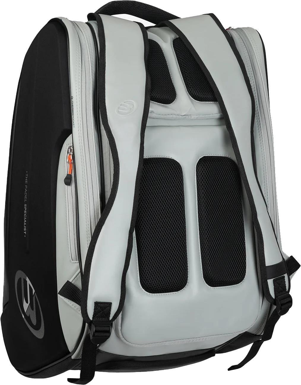 The Bullpadel BPP26013 Hack 2026 Padel Racket Bag - Grey is shown from the back, highlighting padded shoulder straps, a ventilated mesh panel, an orange-zippered side pocket, and thermal compartments to protect your rackets.
