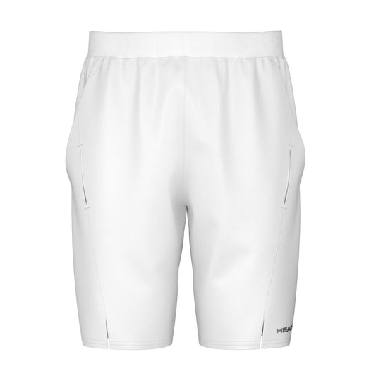 HEAD Perfomance Men's Padel Shorts in white, featuring an elastic waistband and side pockets, shown from the back. Made with smooth, lightweight fabric that incorporates 4-way stretch and Moisture Transfer Microfiber Technology. A small HEAD logo is visible near the bottom edge.