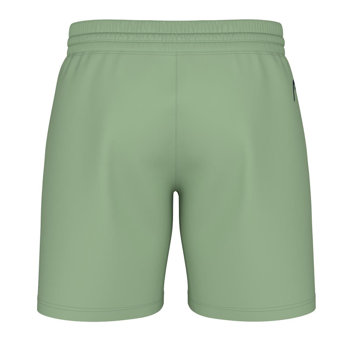 A back-view image of the HEAD Performance Men's Play Padel Shorts in Celery Green showcases their simple, logo-free design. These shorts are equipped with an elastic waistband and are made from moisture transfer microfiber for improved comfort.