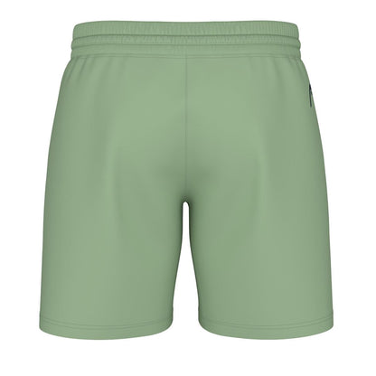 A back-view image of the HEAD Performance Men's Play Padel Shorts in Celery Green showcases their simple, logo-free design. These shorts are equipped with an elastic waistband and are made from moisture transfer microfiber for improved comfort.