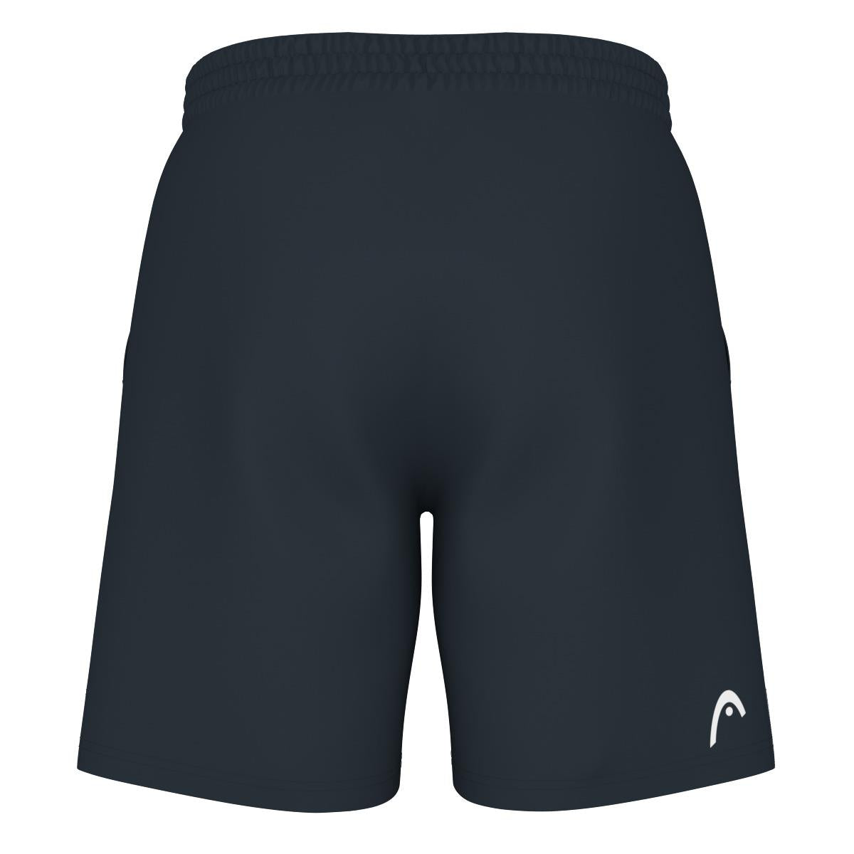 A pair of HEAD Vision Power Men's Padel Shorts in navy is displayed from the back. These shorts feature an elastic waistband and a small white logo on the bottom right. Designed with 4-way stretch and moisture-transfer microfibre, they are lightweight and perfect for sports activities.