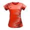 Introducing the Yonex YTL7 Women's Padel T-Shirt in Light Coral: a vibrant athletic tee with white and black pixel-like designs. Made from moisture-wicking polyester, this short-sleeved shirt offers a tailored fit and sports a small black logo on the upper left chest.