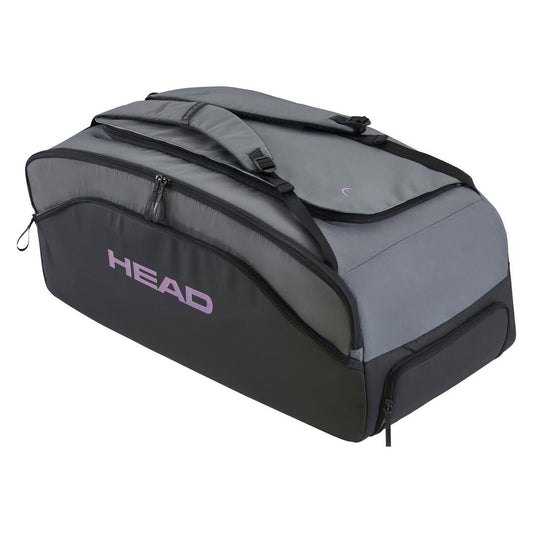 The HEAD Pro X Duffle Padel Bag L in black and dark grey features "HEAD" in purple on the side, CCT+ climate control, multiple compartments, adjustable straps, and is crafted from recycled PET bottles for sustainable athletic gear transport.