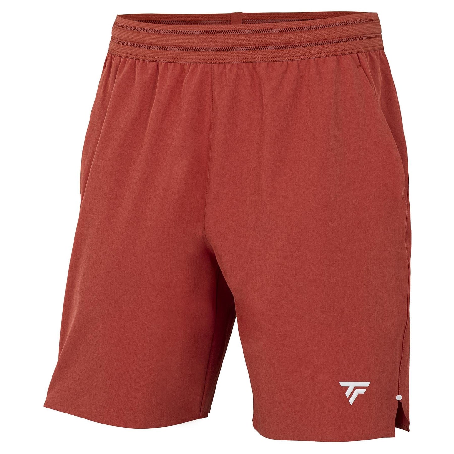 The Tecnifibre Team Stretch Men's Padel Shorts in Terracotta feature an elastic waistband, side pockets, a small white logo on the lower left leg, and a relaxed fit—ideal for comfortable movement on or off the court.