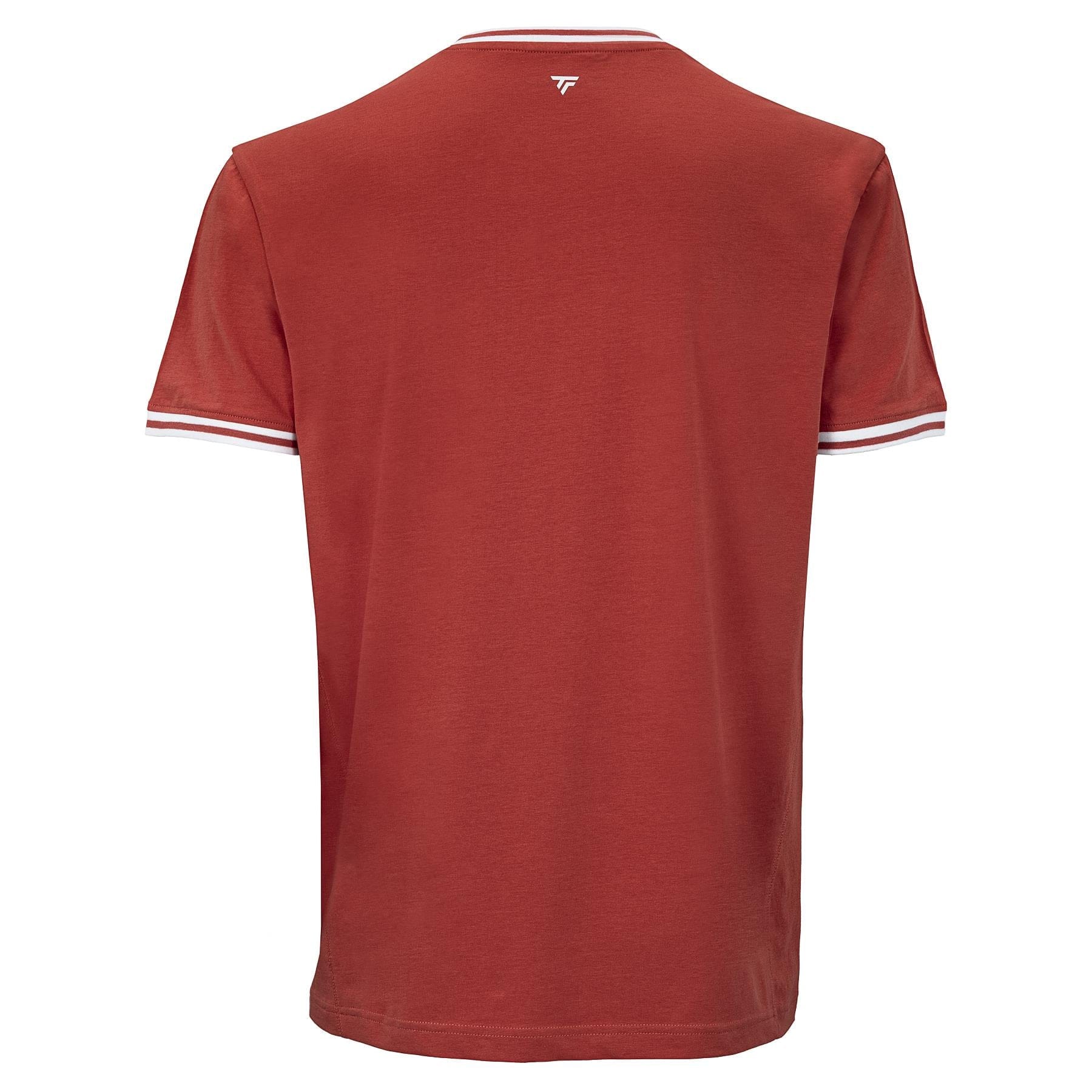 The Tecnifibre Team Stretch Mens Padel T-Shirt in terracotta is a plain, short-sleeved performance tee with white and red striped sleeve trim, shown from the back. A small white Tecnifibre logo appears near the neckline against a white background.