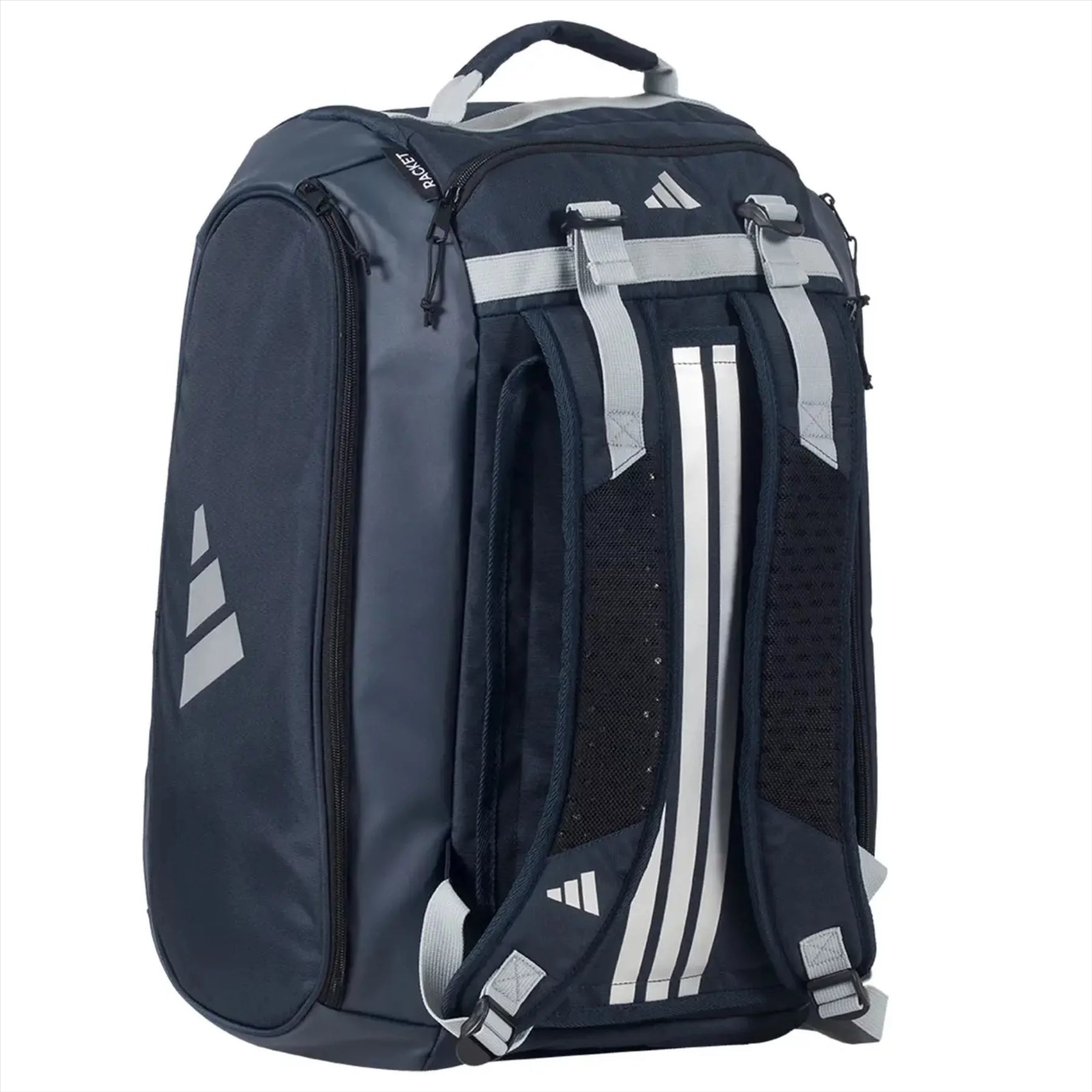 The adidas Tour 3.4 Padel Racket Bag in blue features multiple compartments, thermal insulation, adjustable shoulder straps, and a top handle—ideal for padel gear—shown against a plain white background.