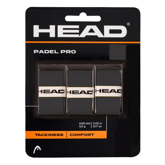 The HEAD Padel Pro Overgrips - Black (3 Pack) features a set of three grips, each adorned with the iconic HEAD logo. These overgrips boast a thickness of 0.60 mm and a weight of 5.0 g, designed to offer outstanding tackiness and comfort for an improved playing experience.