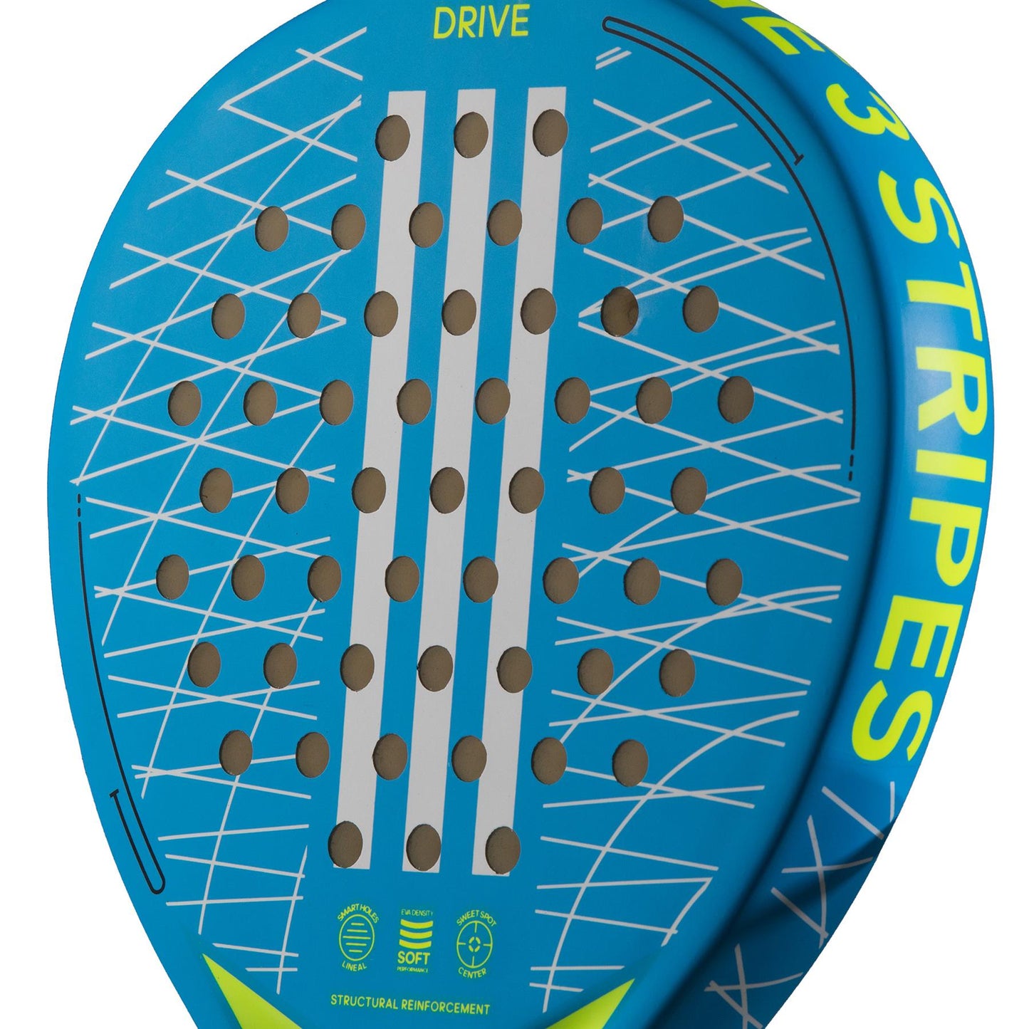 Close-up of an ADIDAS Drive 3.3 Padel Racket by adidas, showcasing blue color accented with yellow text along the edges. The racket features circular holes and diagonal white lines on its surface, along with the word "DRIVE" at the top. It offers a beginner-friendly design enhanced by soft performance EVA for improved play.