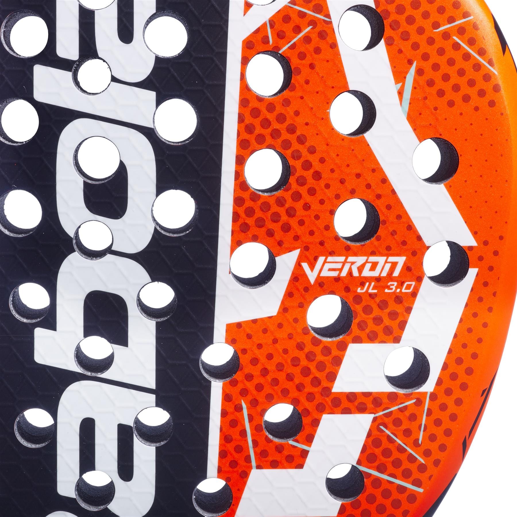 Close-up of the Babolat Veron Juan Lebron 3.0 Padel Racket, showcasing white text, circular holes, and "VERON" and "J.L. 3.0" on its bold orange and black design from Babolat.