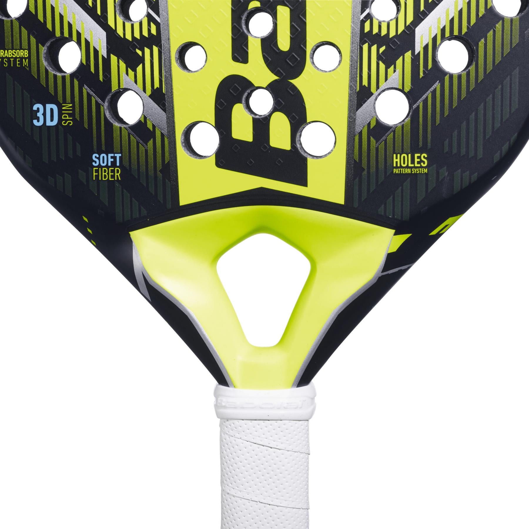 Close-up of the Babolat Counter Vertuo 2.5 Padel Racket by Babolat, in black/yellow, showing its perforated textured face, white grip, and text features: "3D Spin," "Soft Fiber," and "Holes Pattern System.