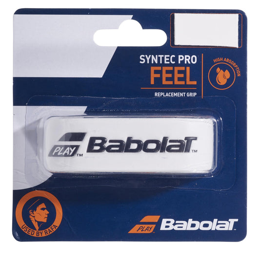 The packaging of the absorbent Babolat Syntec Pro X1 Replacement Padel Grip - White features a "Play Babolat" logo and emphasizes its "High Absorption" characteristics. A circular emblem prominently declares, "Used by Rafa.