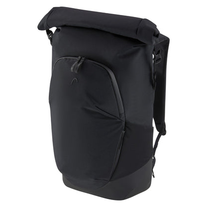 Introducing the HEAD Pro X Raqpack Padel Backpack in black, a stylish and eco-friendly choice. This backpack boasts a roll-top closure, a front zippered compartment, and a concealed racket pocket. Its minimalist design includes adjustable shoulder straps and maintains a streamlined silhouette, making it ideal for daily activities or travel.