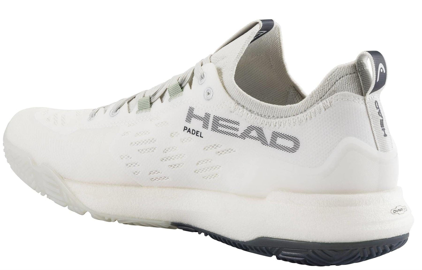 The HEAD Motion Pro 1.5 Mens Padel Shoes in white feature gray accents, "HEAD PADEL" side branding, a textured sole, and a heel pull tab—engineered by HEAD for top performance on the padel court.
