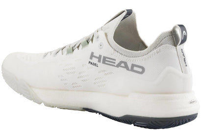 The HEAD Motion Pro 1.5 Mens Padel Shoes in white feature gray accents, "HEAD PADEL" side branding, a textured sole, and a heel pull tab—engineered by HEAD for top performance on the padel court.