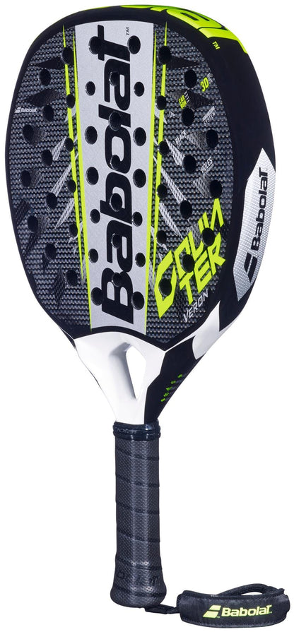The Babolat Counter Veron 2.6 Padel Racket features a black, white, and neon yellow design with CarbonFlex construction, Babolat branding, an oversized sweet spot, perforated face, and a black handle with wrist strap.