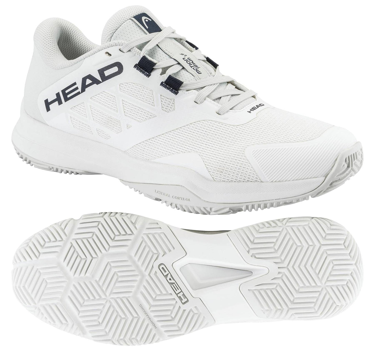 The HEAD Motion Team 1.5 Mens Padel Shoes in white feature mesh detailing, a lace-up closure, and a textured geometric rubber sole. Shown from the side with the sole visible, these HEAD shoes offer both style and performance for padel players.