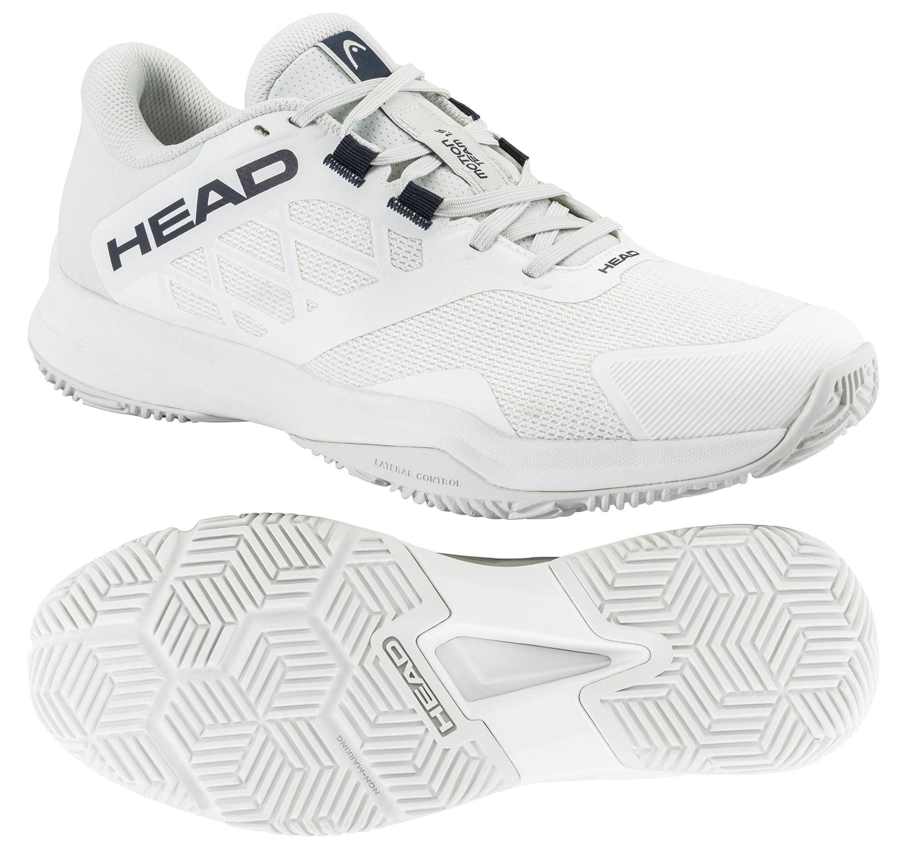 The HEAD Motion Team 1.5 Mens Padel Shoes in white feature mesh detailing, a lace-up closure, and a textured geometric rubber sole. Shown from the side with the sole visible, these HEAD shoes offer both style and performance for padel players.