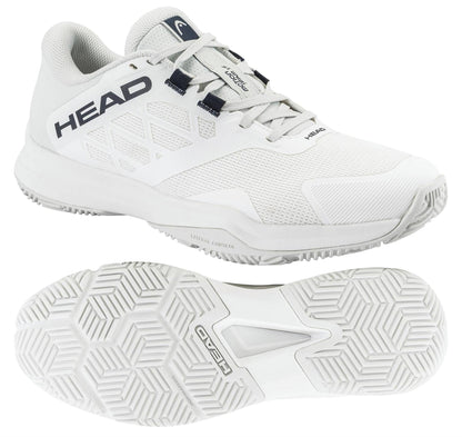 The HEAD Motion Team 1.5 Mens Padel Shoes in white feature mesh detailing, a lace-up closure, and a textured geometric rubber sole. Shown from the side with the sole visible, these HEAD shoes offer both style and performance for padel players.
