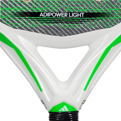 Close-up of the ADIDAS Adipower Light 3.3 padel racket by adidas, featuring the text "ADIPOWER LIGHT" against a stylish white and green background, highlighted with a carbon fiber texture for superior control.