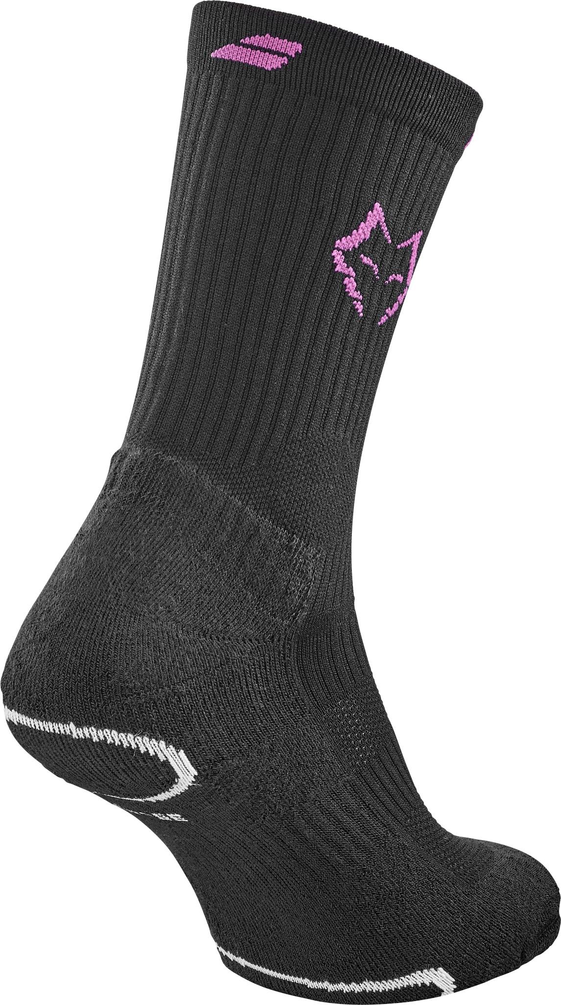 The Babolat Mid-Calf Juan Lebron Padel Socks - Black feature a ribbed texture, purple fox head logo, and white accents on the toe and heel—ideal for Babolat fans.