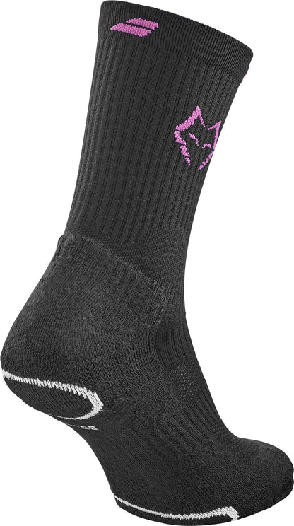 The Babolat Mid-Calf Juan Lebron Padel Socks - Black feature a ribbed texture, purple fox head logo, and white accents on the toe and heel—ideal for Babolat fans.