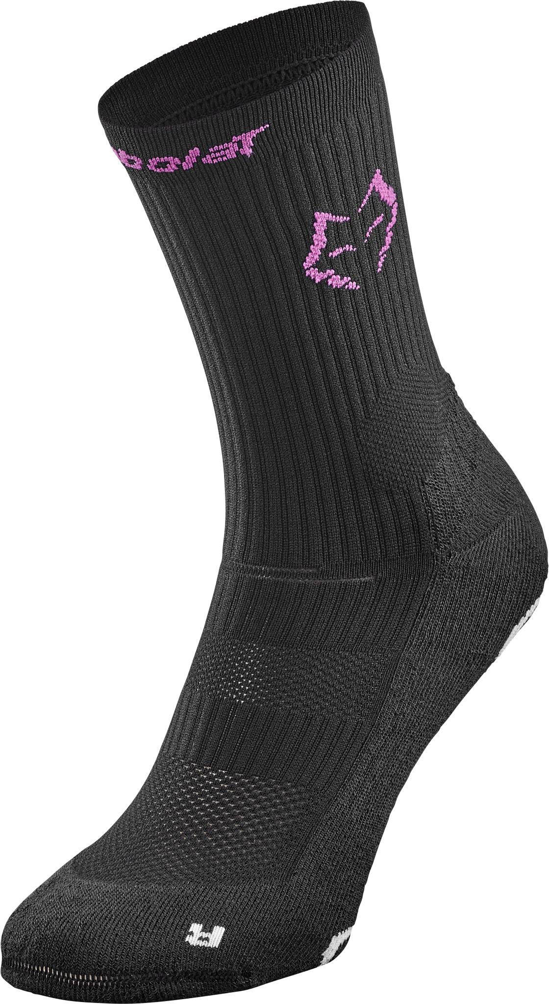 The Babolat Mid-Calf Juan Lebron Padel Socks - Black are ribbed, feature a purple fox logo and text near the top, and are shown new at an angle to display both the side and front.