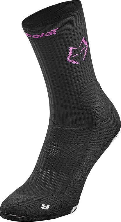 The Babolat Mid-Calf Juan Lebron Padel Socks - Black are ribbed, feature a purple fox logo and text near the top, and are shown new at an angle to display both the side and front.