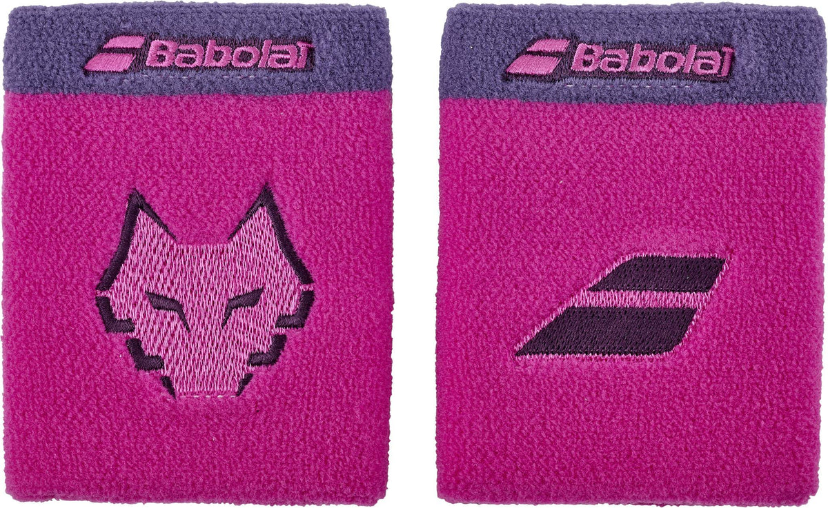 Two raspberry Babolat Terry Jumbo Juan Lebron Wristbands, made of soft terry, feature distinct logos—one with a wolf and one with a stylized “B”—just like the ones Juan Lebron wears.