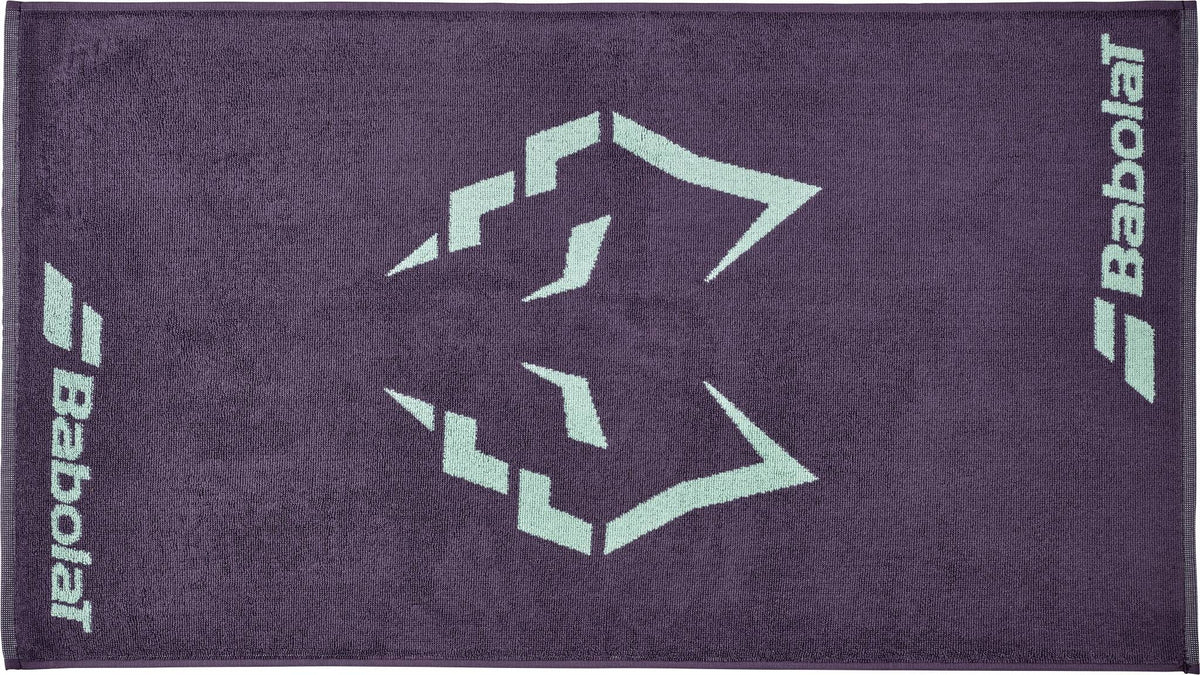 The Babolat Juan Lebron Medium Towel - Black Plum is a soft cotton terry towel featuring a light blue geometric design and Babolat branding on two sides—perfect for your racket bag.