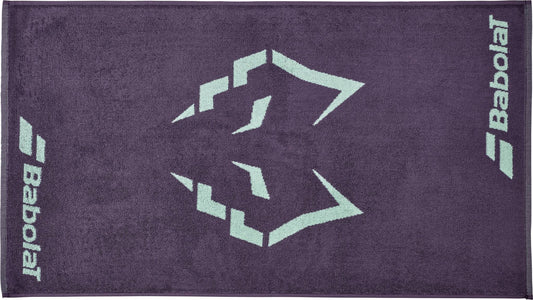 The Babolat Juan Lebron Medium Towel - Black Plum is a soft cotton terry towel featuring a light blue geometric design and Babolat branding on two sides—perfect for your racket bag.