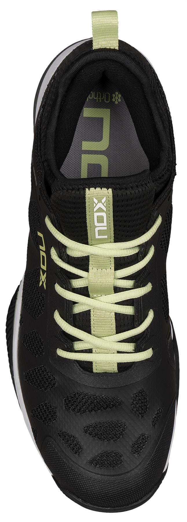 Top view of NOX Nerbo Men's Padel Shoes in black/soft lime with light green laces, matching pull tab, mesh upper, "NOX" branding, patterned sole featuring Abra X One tech, and an Ortholite insole for comfort.