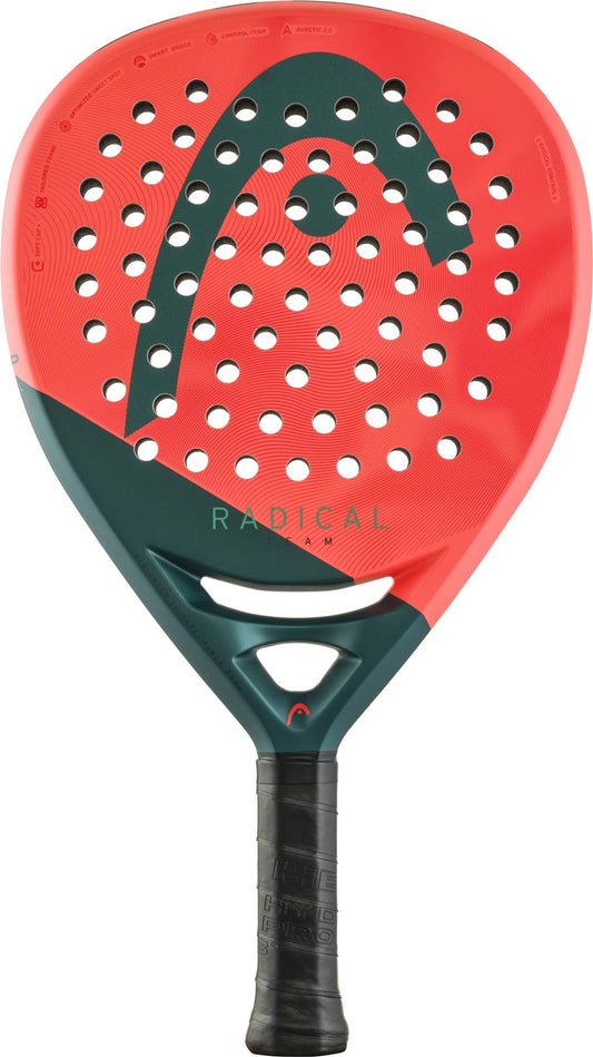 The HEAD Radical Team 2026 Padel Racket in orange and green has circular holes, a black grip, "RADICAL" on the face, a large logo near the top, and a durable fibreglass hitting surface.