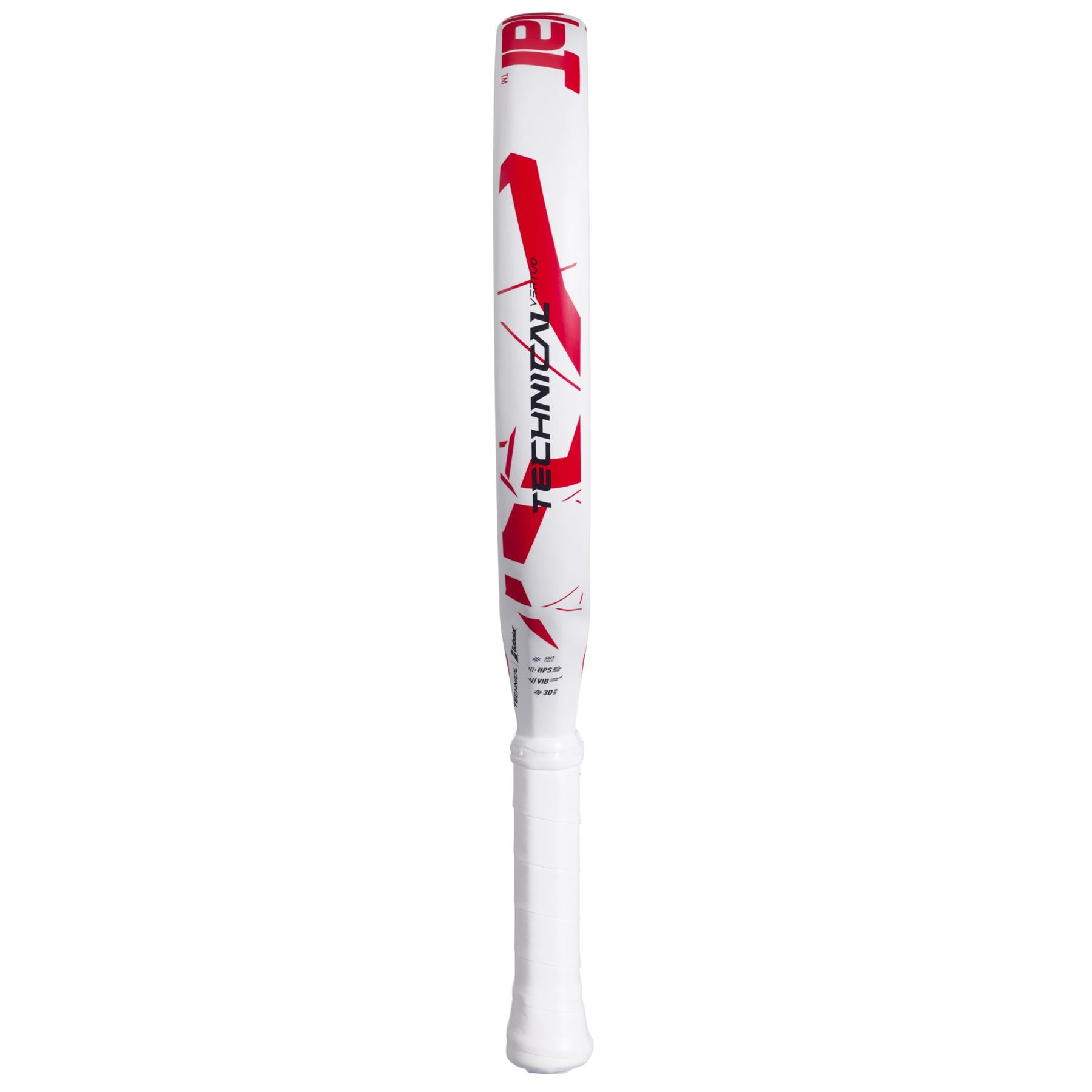 The Babolat Technical Vertuo Juan Lebrón Padel Racket, in white with black and red accents, mirrors the sleek aesthetics of a baseball bat. Featuring a white grip tape handle, it's perfect for technical strikers seeking precision.