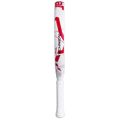 The Babolat Technical Vertuo Juan Lebrón Padel Racket, in white with black and red accents, mirrors the sleek aesthetics of a baseball bat. Featuring a white grip tape handle, it's perfect for technical strikers seeking precision.