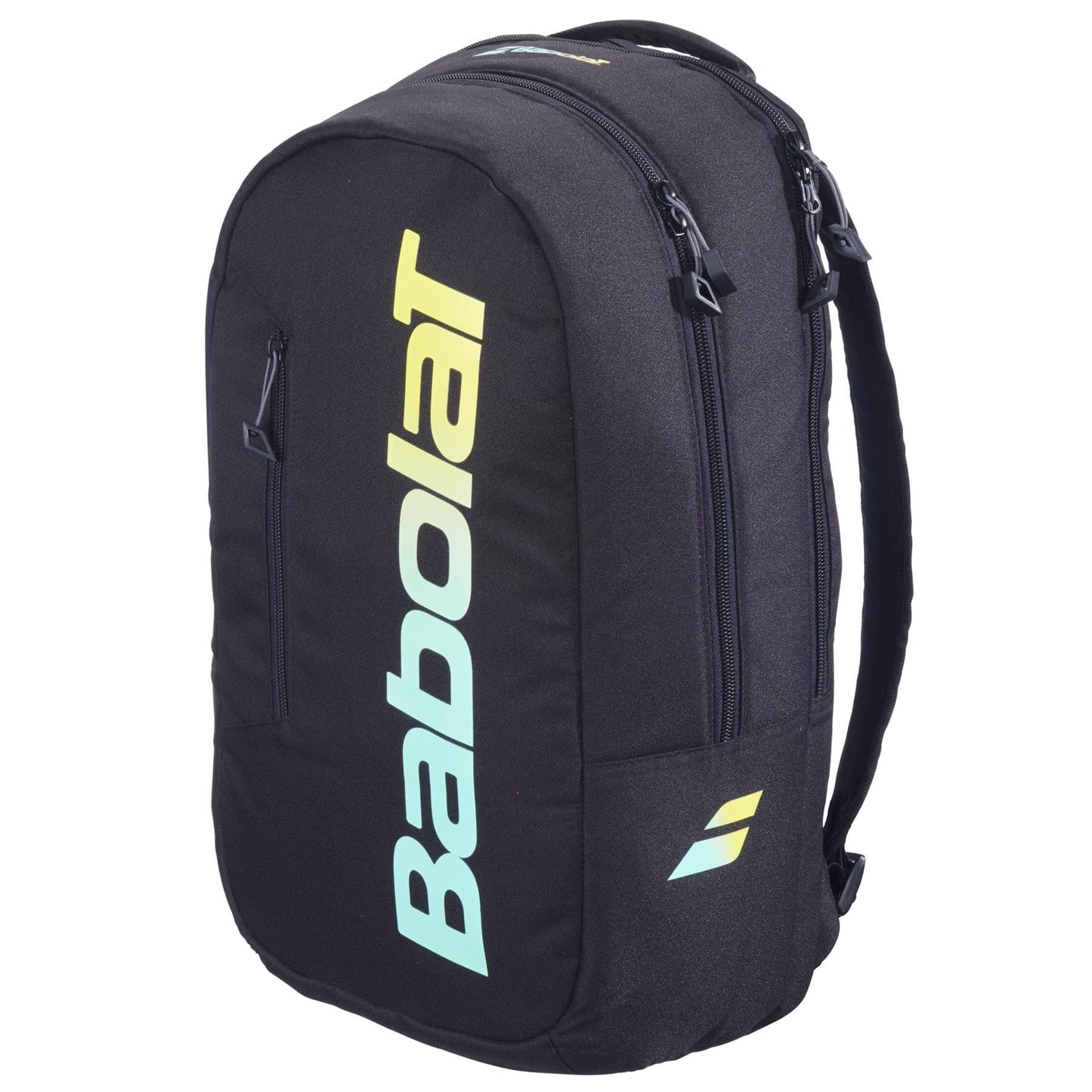 The Babolat Court Lite Padel Backpack - Black / Multi features vertical Babolat branding on the front pocket, a small logo, two zippers, padded shoulder straps, and a dedicated padel racket compartment.