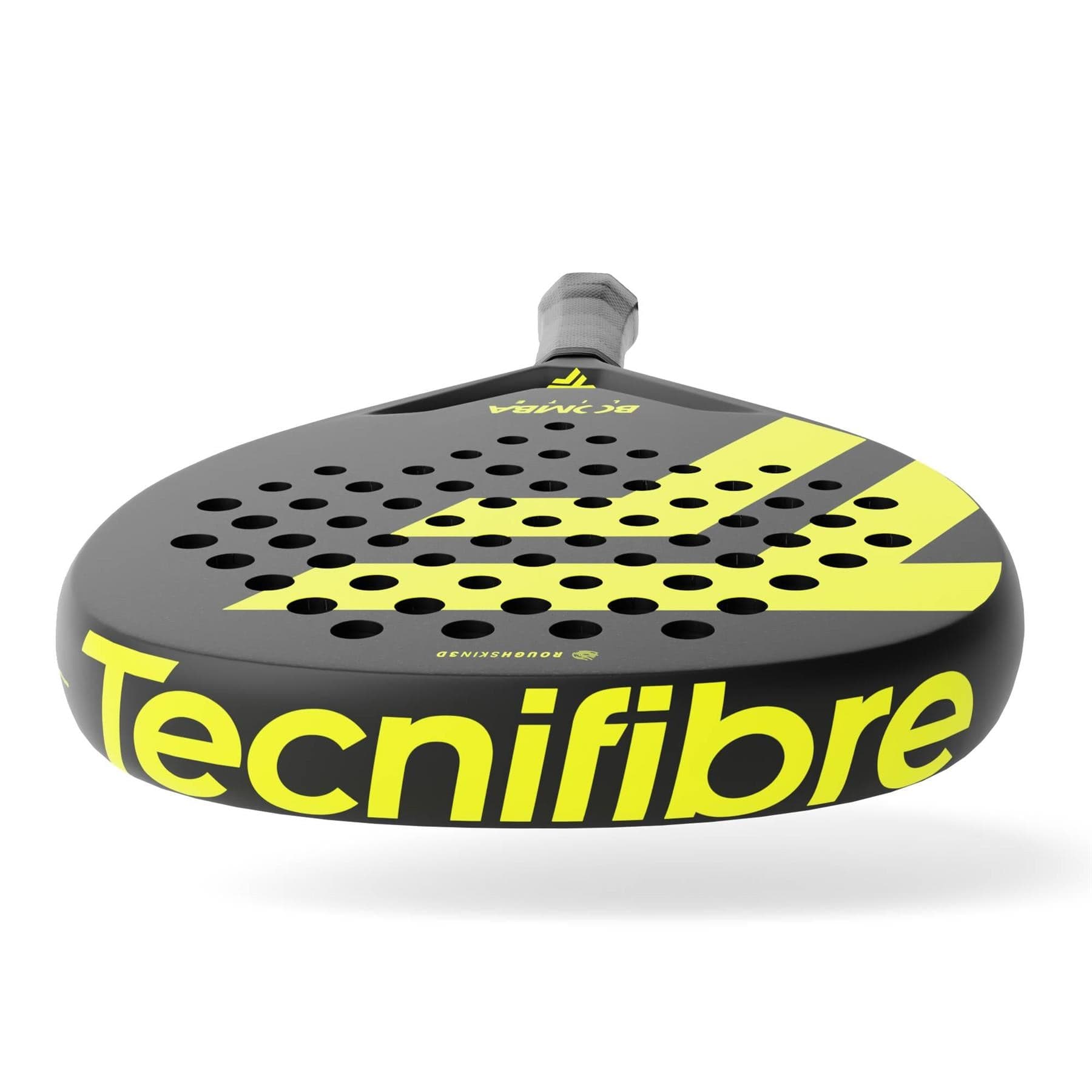 The Tecnifibre Bomba Lite Padel Racket by Tecnifibre features a black and yellow design, fibreglass face, bold yellow branding, geometric accents, black handle, and multiple circular holes on the hitting surface.