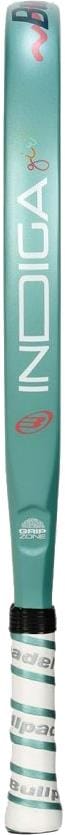 A teal and white cricket bat with "INDICA" written vertically, a logo near the top, and a white handle wrapped with black-striped tape—mirroring the style of the Bullpadel INDIGA Junior Girls 2026 padel racket by Bullpadel.
