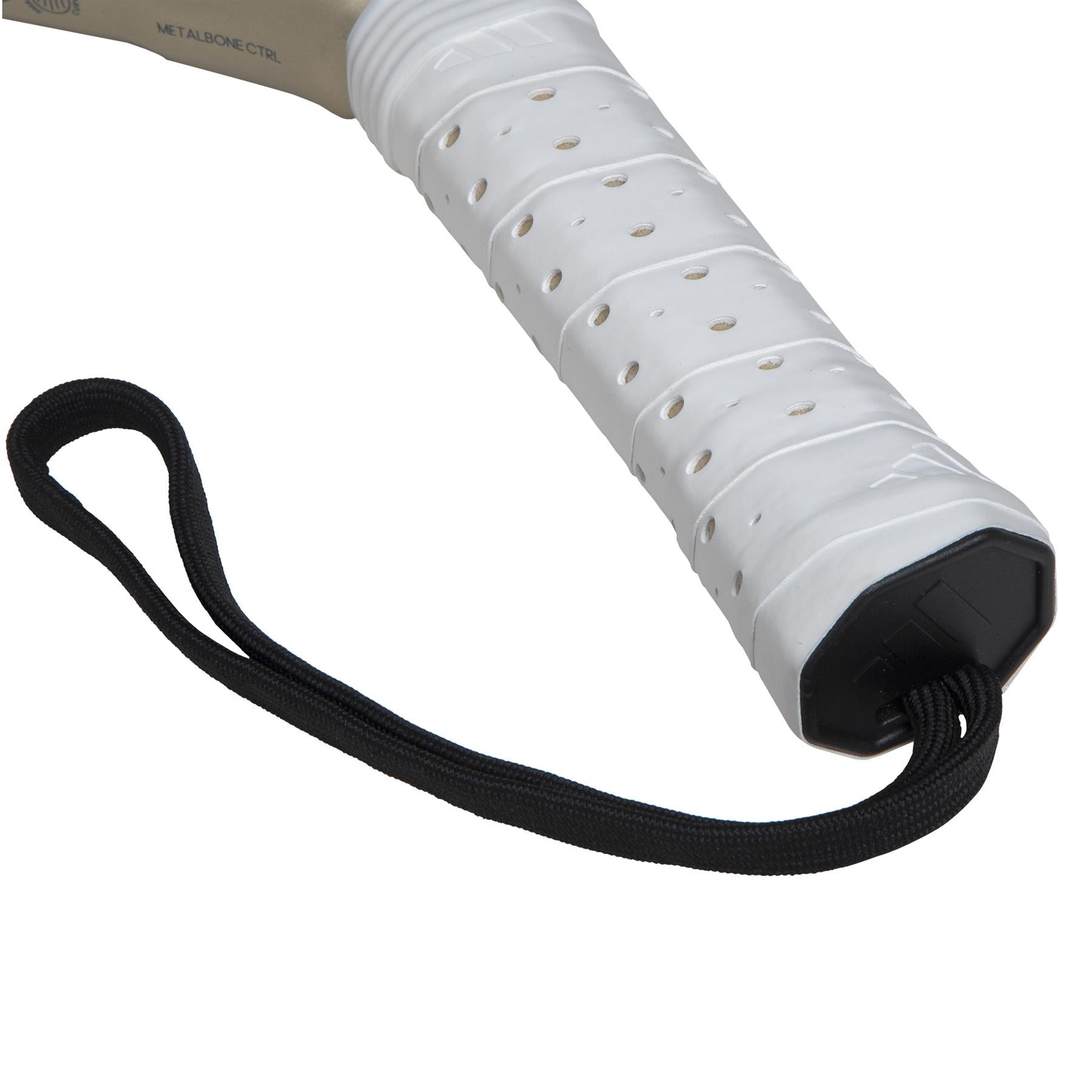 Close-up of the ADIDAS Metalbone CTRL 3.4 Padel Racket in gold. The white handle, with an octagonal design and perforated texture, features a black strap that loops loosely at the end to enhance balance.