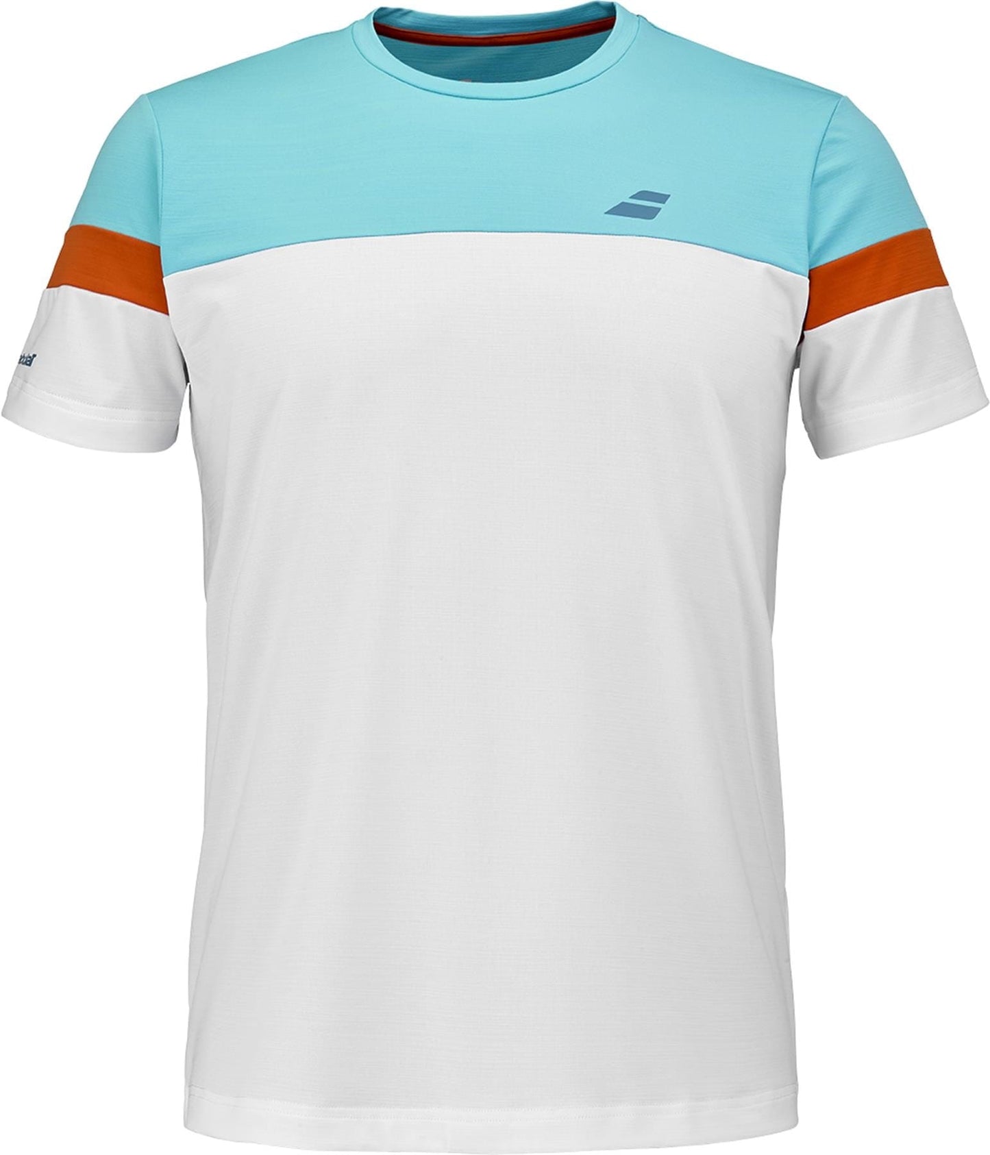 The Babolat Crew Neck Mens Padel T-Shirt in white features a stylish design with light blue on the upper chest and shoulders, orange sleeve stripes, and a small blue logo—ideal for padel fans.