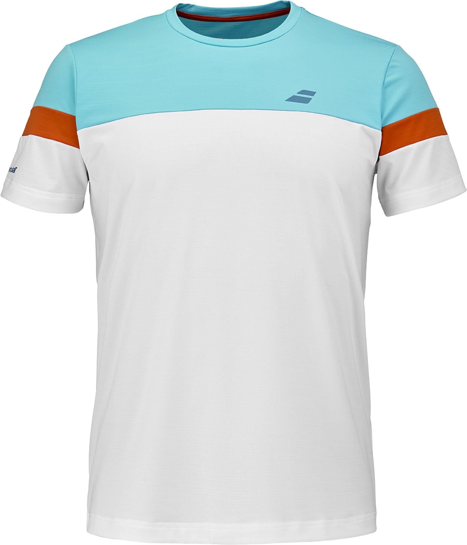 The Babolat Crew Neck Mens Padel T-Shirt in white features a stylish design with light blue on the upper chest and shoulders, orange sleeve stripes, and a small blue logo—ideal for padel fans.