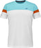 The Babolat Crew Neck Mens Padel T-Shirt in white features a stylish design with light blue on the upper chest and shoulders, orange sleeve stripes, and a small blue logo—ideal for padel fans.