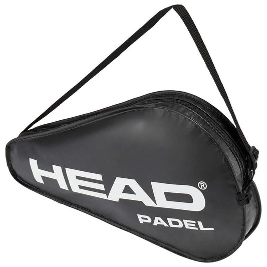 The HEAD Basic Full Size Padel Racket Cover in black features a sleek, teardrop-shaped design for optimal racket protection. It is adorned with a large white "HEAD PADEL" logo and includes a black adjustable shoulder strap for easy carrying.