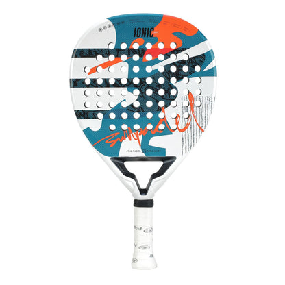 The Bullpadel Ionic Light 2025 Padel Racket is teardrop-shaped and equipped with a white grip for advanced players. It features abstract patterns in orange, blue, and black on a white base, enhanced for aerodynamics and control with multiple holes.