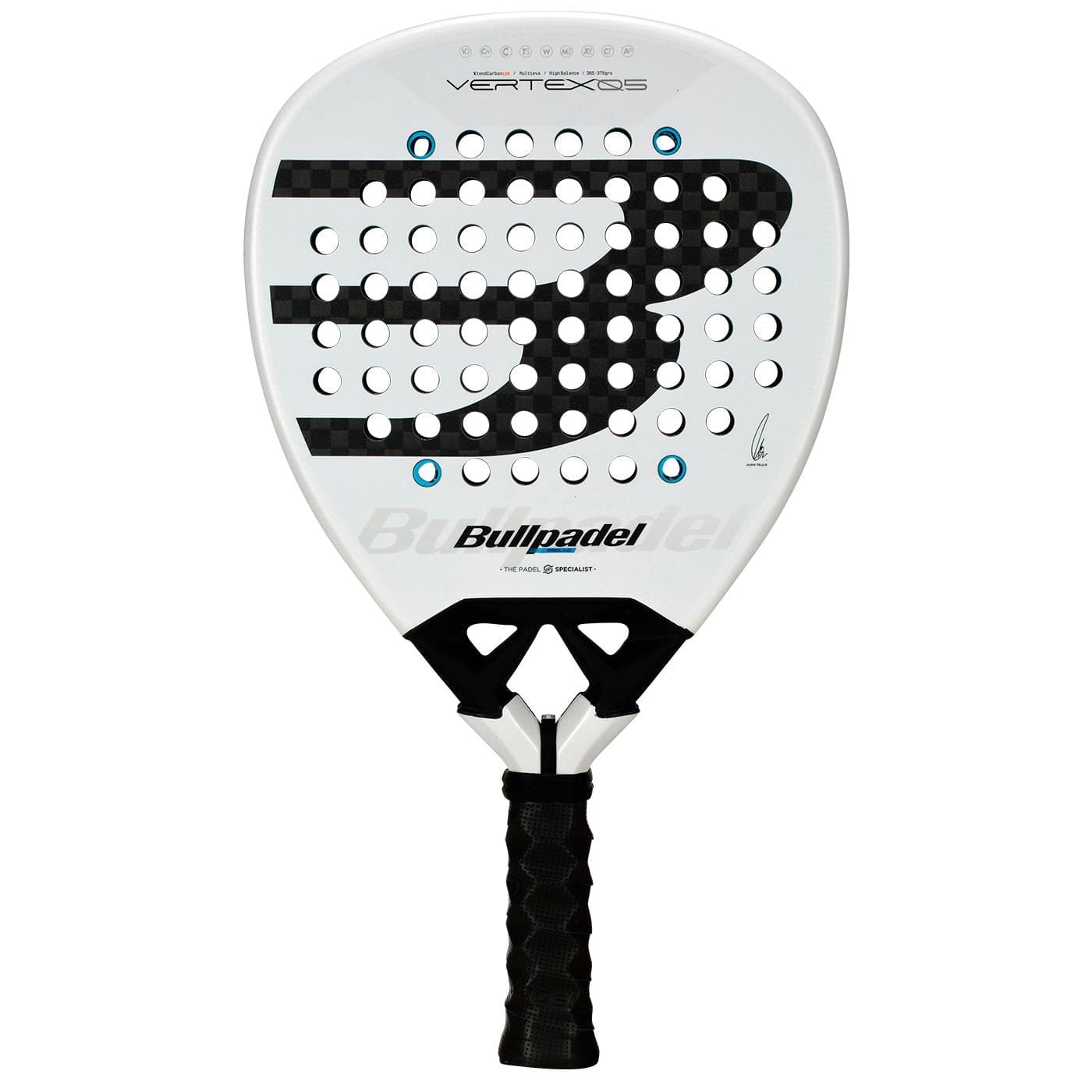 The Bullpadel Vertex 05 2026 Padel Racket in white and black features a high-performance design with a black handle, circular holes on the hitting surface, and a prominent stylized "B" logo across the face.
